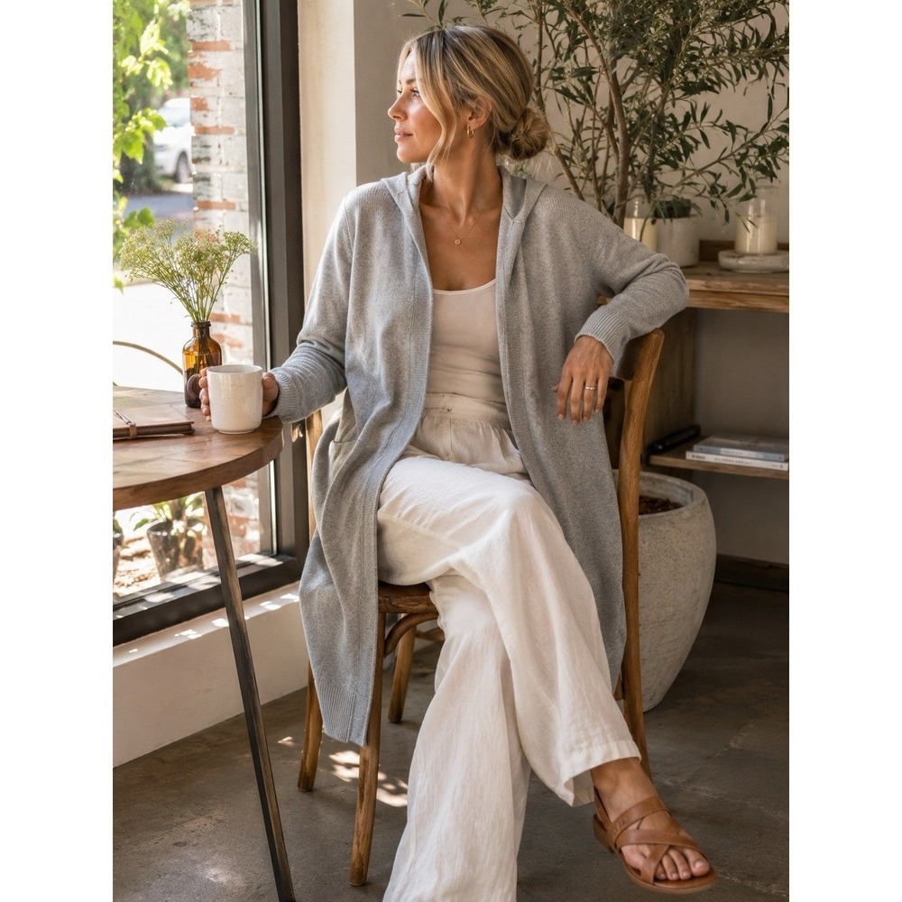 Athleta Hooded Merino Wool Blend Cardigan Longline Open Front Gray Small - Picture 1 of 8